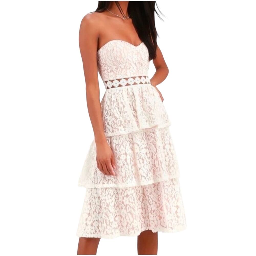 Lulu's Blush Lace Strapless Midi Dress